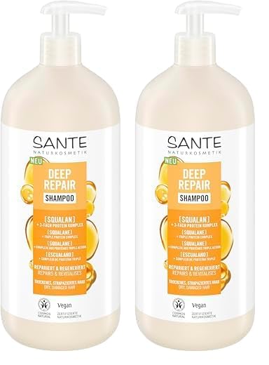 SANTE Naturkosmetik Deep Repair Shampoo Squalan + 3-Fach Protein Komplex, veganes Pflegeshampoo für geschmeidiges und glänzendes Haar, repariert trockenes, strapaziertes Haar, 950 ml (Packung mit 2)