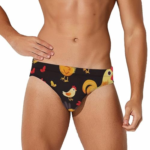 Farmhouse Rooster Chicken Hen Mens Swim Briefs Bikini Swimwear Print Beach Shorts Sexy Swimsuit 3XL