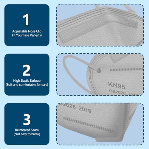 Image of 50PCS KN95 Face Masks Breathable Disposable Mask 5 Layer Cup Dust Safety Filter Efficiency≥95% with Elastic Ear Loops and Nose Bridge Clip(Grey)