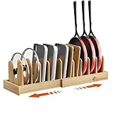 Housolution Bambus Pfannenhalter für Schublade, 40cm-75cm Erweiterbarer Topfdeckelhalter mit 10 Verstellbaren Fächer, Topfdeckel Aufbewahrung Pfannen Organizer Deckelhalter für Küche