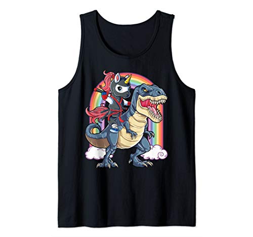 Ninja Unicorn Riding Dinosaur T rex Funny Men Women Rainbow Tank Top