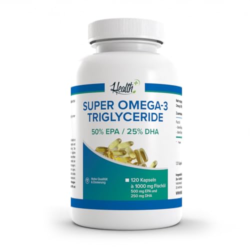 Health+ Super Omega 3 Triglyceride Fischöl - 120 Kapseln mit wertvollen Omega-3-Fettsäuren, mit EPA und DHA, Made in Germany