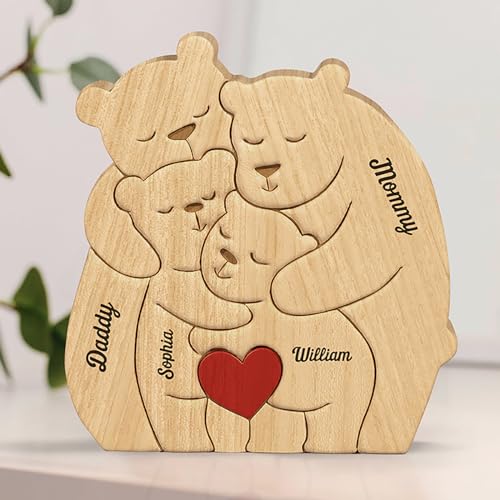 Drawelry d'ours Puzzle en Bois Personnalisé avec 2 à 9 Famille Noms Gravure Ours Sculpture Wooden Bear Puzzles la Fête des Pères Mères Anniversaire Cadeau pour Papa Mama Couples Fils Fille (A1)