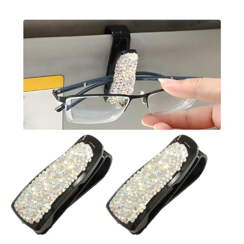 Wevdn 2 PCS Car Sun Visor Glasses Holder, Fashion Bling Car Eyeglasses Sunglasses Hanger for Women Girls, Glasses Holder Clip Hanger Mount with Ticket Card Clip, Car Accessories (AB)
