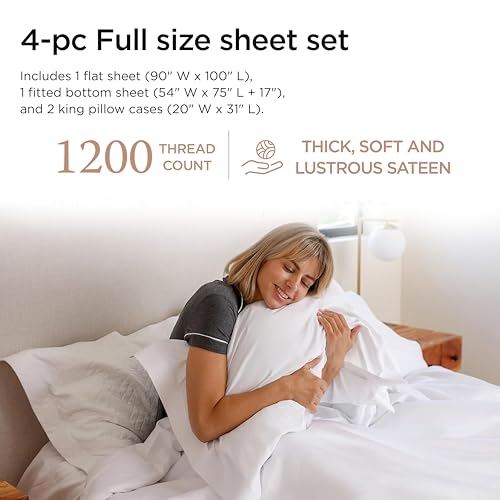 Image of Threadmill Luxury Supima Cotton Sheets, Luxury 1200 Thread Count Soft 100% Cotton Sheets for Full Size Bed, 4 Pc White Bed Sheets Full Set, 5-Star Hotel Quality Deep Pocket Bed Sheets Set