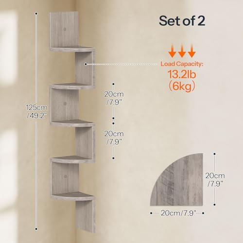 Image of HOOBRO Corner Shelf Wall-Mounted, Set of 2 Floating Corner Shelves for Wall, 5-Tier Corner Bookshelves for Living Room, Bedroom, Bathroom, Home Office, Greige BG26BJP201