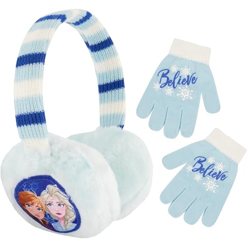 Disney Girls' Winter Earmuffs and Kids Set, Frozen 2 Ear Warmers Ages, Light Blue, Gloves-Age 4-7