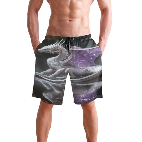 Purple White Dragon Men's Sportwear Swim Trunks Quick Dry Board Shorts with Lining S S04062742