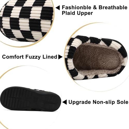 Image of Yueerlu House Slippers for Women Men, Fuzzy Checkered Mens Womens Slippers Warm Memory Foam House Shoes Indoor Outdoor with Faux Fur Lining