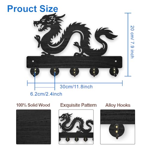 MAYJOYDIY Dragon Wall Key Holder, 30 x 20 cm Wooden Chinese Design, 5 Alloy Hooks - Image 2