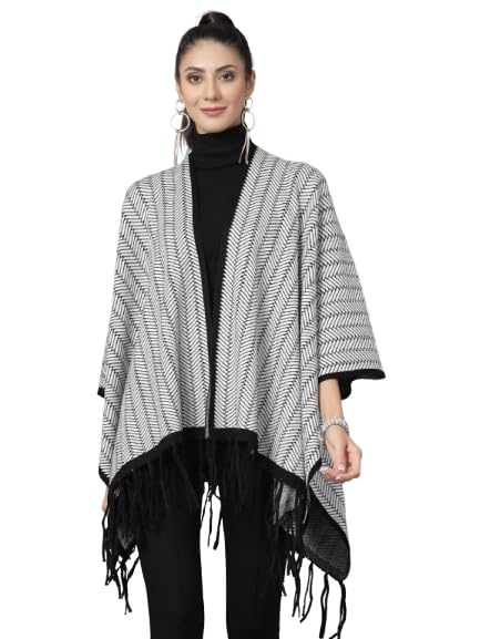 mafadeny Women Printed Longline Poncho with Fringed Detail-picture-40