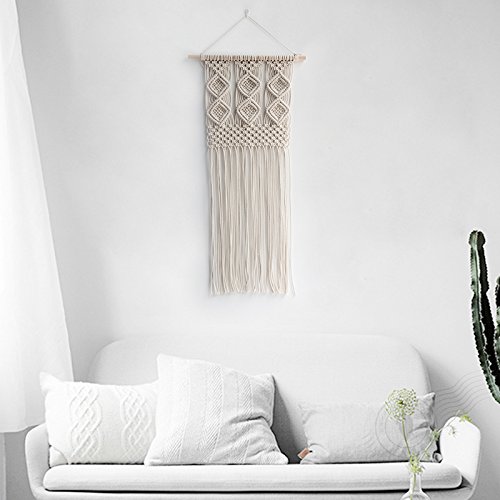 handmake macrame wall hanging home Decorations for Apartment chic style white diamond woven Wall Hanging Fringe Woven Wall Decor Bohemian Bedroom Living Room Dorm (40x80cm 16x31inch)