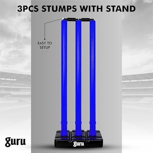 Image of Guru Cricket Wicket Set, Heavy Plastic Cricket Stumps Set - 3 Stumps + 2 Bails + 1 Base Stand