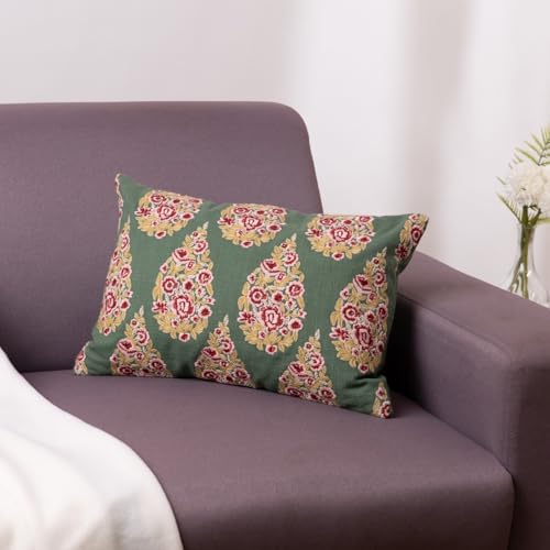 Image of haus & kinder Embroidered Cushion Cover 12x18 Inch Set of 1, Cotton Decorative Throw Pillow Cover for Sofa, Couch & Living Room, Soft Breathable Rectangle Cushion Case for Home Decor
