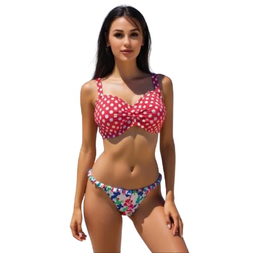 urge Retro Polka Dot Knot-Front Bikini Top for Women | Red Sweetheart Neckline Swim Bra Top Only | Supportive Wide Straps - 42 Size-picture-10