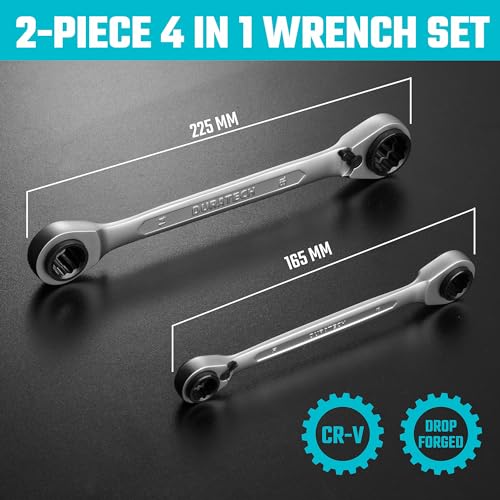 DURATECH 4-in-1 Reversible Ratcheting Box Wrench Set, Double Ring Ratchet Spanner Set, 2-Piece, Metric, 8, 10, 12, 13 & 14, 15, 17, 19 mm, with Roll Pouch