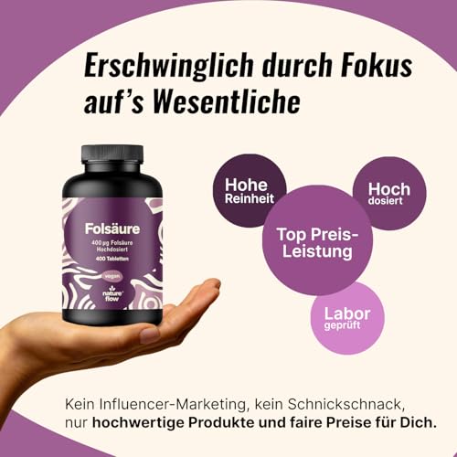 Folsäure 400µg - 400 Tabletten - hochdosiert für Kinderwunsch & Schwangerschaft - 100% vegan - Jahresvorrat - Verpackung kann variieren