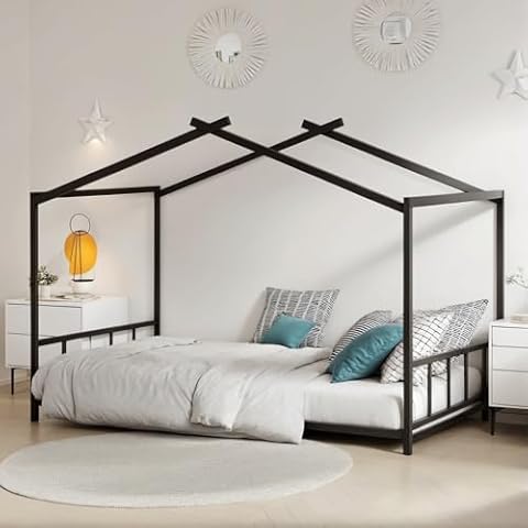 UOCFYK Full Size Montessori Toddlers Floor Bed with Headboard & Footboard, Metal House Bed Frame with Soundproof Strip for Boys and Girls, Kids Playroom, No Box Spring Needed, Easy to Assemble, Black Cover