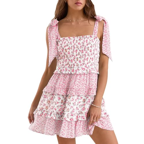 Image of Women Y2K Tie Shoulder Mini Dress Bow Babydoll Ruffle Short Dress Summer Boho Floral Flowy Beach Sundress