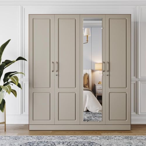 Image of Wakefit Tyrian Plus 4 Door with 4 Shelves 2 Drawers 2 Hanging Areas 1 Mirror SH1-Carcass: Columbian Walnut Shutter: Creamy Brown