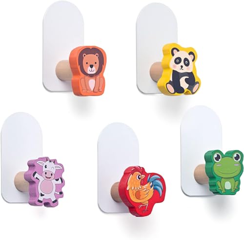 RUNEAY Lot de 5 patères autocollantes en bois pour enfants - Sans perçage - Pour chambre d'enfant, chambre de bébé