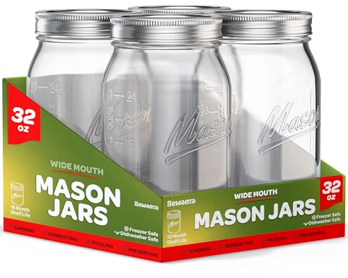 SEWANTA Wide Mouth Mason Jars 32 oz [4 Pack] With Mason Jar Lids and Bands, Mason Jars 32 oz - For Canning, Fermenting, Pickling - Jar Decor - Microwave/Freeze/Dishwasher Safe.