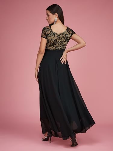 Image of Miss Chase Women's V-Neck Full Sleeve Self Design Lace-Overlaid Georgette Maxi Dress