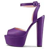 NobleOnly Women Chunky Block High Platform Heel Peep Open Toe Ankle Strap Slingback Wedding Sandals Purple A 9 M US