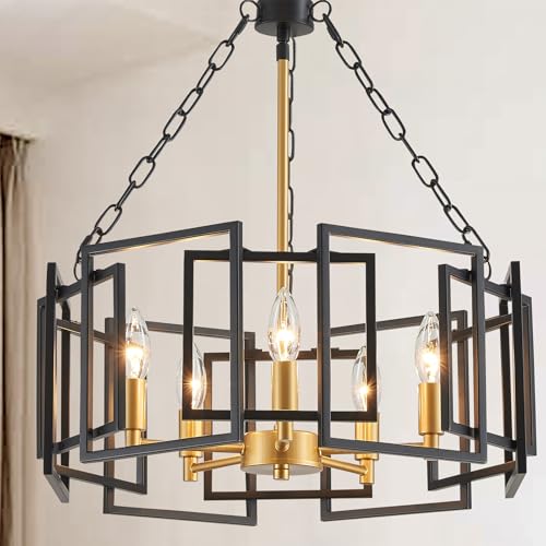 Avzkcy Modern Farmhouse Chandelier, 20" Black and Gold Pendant Light Fixtures 5 Lights Height Adjustable Ceiling Light for Dining Room, Bedroom, Living Room,Foyer