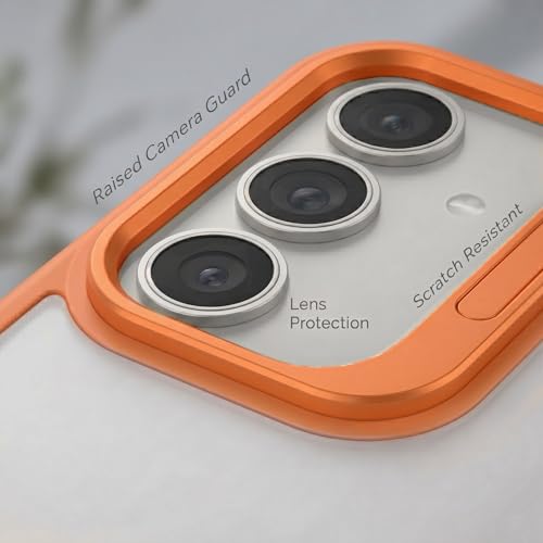 Image of amazon basics Frosted Matte Case for Samsung Galaxy A55 5G | Built-in Flip-Out Camera Lens Stand | Translucent Back with Contrast Orange Bumper | Shockproof Protective Cover with Foldable Kickstand