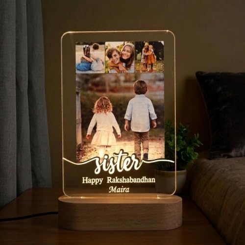 Image of Personalized Rakshabandhan Table Lamp for Sister - Custom Photo Night Light with Name - LED Acrylic Gift for Sister from Brother - Happy Raksha Bandhan Decoration