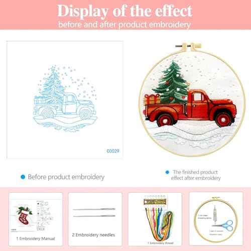 Image of Zhenqing Christmas Red Truck Embroidery Kit for Beginners, Tree and Gifts Needlework Kit with Pre-Printed Fabric, Hoop, Threads & Tools (C0029)