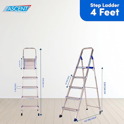 Image of ASCENT Ladder for Home 5 Steps Foldable Step Ladder with 12-Inch Wide Anti-Skid Platform | Virgin Aluminium Material for Strength & Stability | Heavy Duty | 5 Year Warranty | 180 kg Capacity