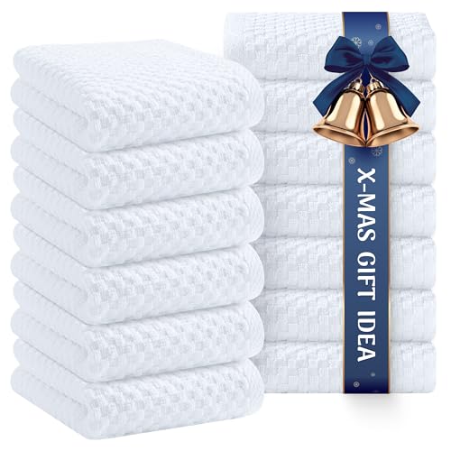 Wealuxe Super Absorbent Kitchen Towels 12 Pack - Premium 100% Cotton Kitchen Towels, 450GSM Thick Machine Washable White Dish Towels for Kitchen Drying, Cleaning, Dobby Weave, Unmatched Quality