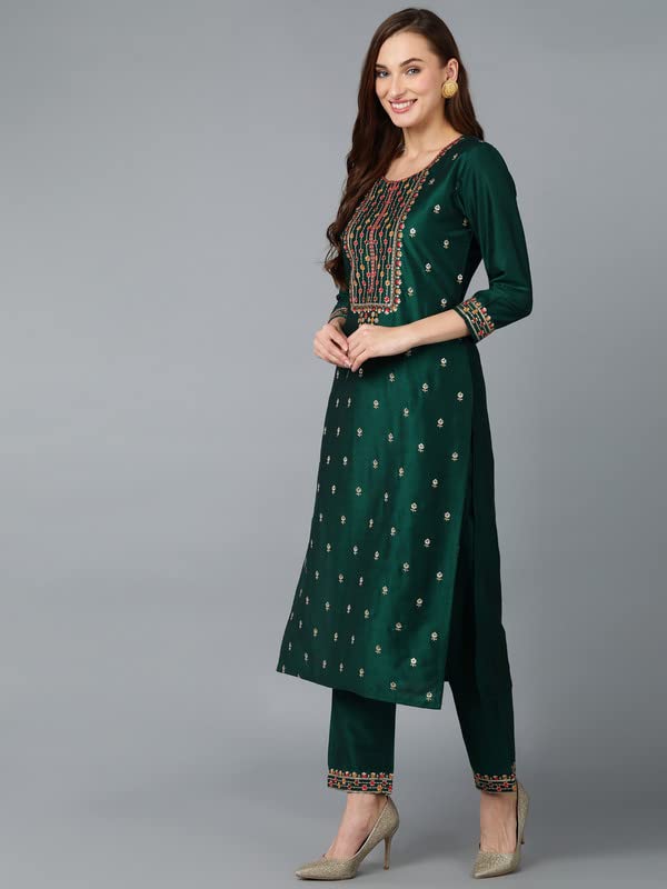 Image of Vaamsi Women's Silk Blend Embroidered Straight Kurta Pant With Dupatta Set