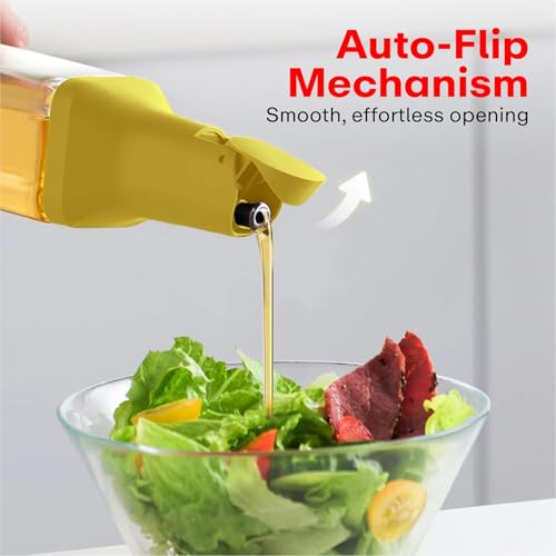 Image of Glass Oil Dispenser 500ml with Auto Flip Lid for Kitchen, Vinegar, Olive Oil, Soy Sauce | Leak-Proof Borosilicate Bottle, Measuring Scale, Non-Drip Spout & BPA-Free (Multicolor)