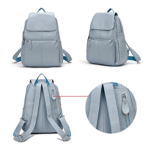 Image of zency 15 Colors Real Soft 100% Genuine Leather Women Backpack Fashion Ladies Travel Bag Preppy Style For Woman (Blue Grey)