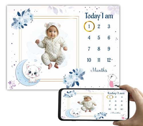 Image of Baby Monthly Milestone Blanket | 1-12 Months | Soft All-Season AC Blanket | Ideal for Newborn Boys & Girls | Perfect Growth Tracker & Photoshoot Prop with Moonlight Cat | 120x90 cm