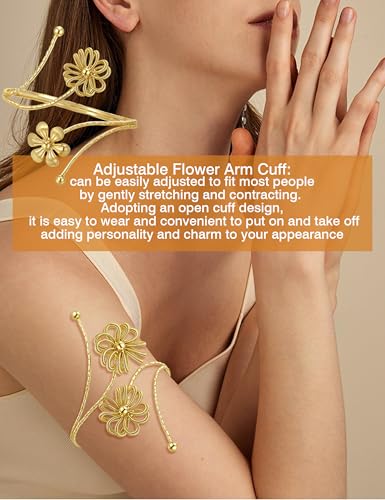 BOMAIL 2Pcs Upper Arm Bracelet for Women Arm Band Cuff Coil Coil Bangle Bracelets Set Gold Plated Flower Leaf Arm Cuff Boho Jewelry for Women4