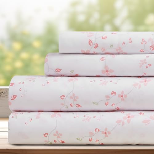Image of DREAMCARE Queen Sheet Set - 4 pcs Breathable Cooling Sheets - up to 15 inch Deep Pocket Queen Sheets Set with Side Pockets - Extra Soft 100% Brushed Hypoallergenic Hotel Luxury Bedding - Floral Blue