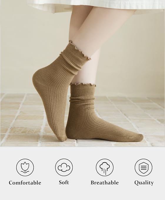 Image of Womens Socks, Ruffle Turn-Cuff Casual Crew Socks Breathable Cool Knit Cotton Lettuce Frilly Ankle Sock 6 Pack (US, Alpha, One Size, Regular, Regular, 6-pairs(white) crew Socks)
