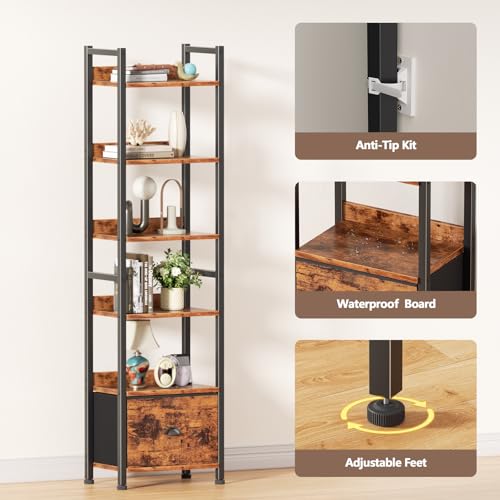 Image of Furologee Book Shelf Set of 2, 6 Tier Tall Shelf with Drawer, Bookshelves and Bookcases Set of 2, Industrial Display Shelving Unit for Bedroom, Living Room, Home Office, Rustic Brown