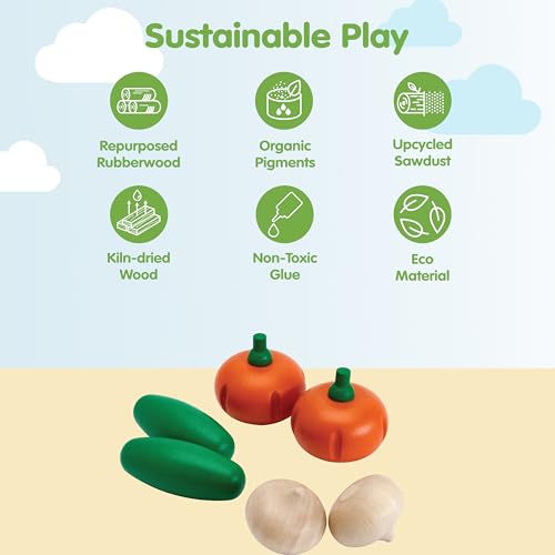 Image of PlanToys Wooden Fresh Produce Cucumbers, Onions & Pumpkins Sliceable Kids | slicing, knife, fruits and vegetables toys, pretend food, girls, boys, fine motor role play, imaginative social gift set