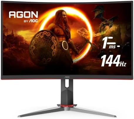 AOC CQ27G2 27" Super Curved Frameless Gaming Monitor QHD 2K, 1500R VA, 1ms, 144Hz, FreeSync, Height adjustable, 3-Yr Zero Dead Pixel, Black/Silver