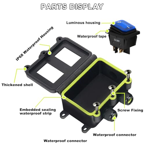 MKBKLLJY IP68 Waterproof Inline Cord Switch DPST DC 12V 20A 4 Pin 2 Position Toggle Switch Outdoor Waterproof Box Two Side Entry And Exit Line ON/OFF With Blue Light KCD4 Screws Heat Shrink Tubing - Image 4