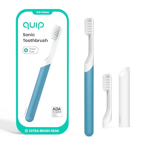 Quip Sonic Electric Toothbrush for Adults with Timer - Includes Travel Case & Replacement Brush Head - 3 Month Battery Life Plastic Handle - Marine Blue