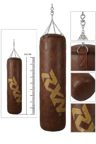 Image of RXN Powerstrike Boxing Punching Bag (Brown, 100 CM) | Synthetic Leather | Pre-Filled | Heavy-Duty Build | 4-Way Chain Included | Boxing, MMA & Kickboxing Training