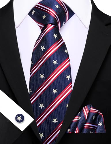 Image of Barry.Wang Tie Sets for Men Silk Stripe Necktie Woven Checkered Handkerchief Cufflinks Formal Business Wedding