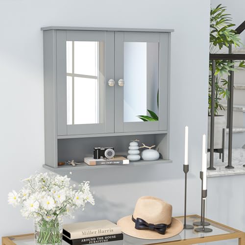 HOMGX Bathroom Mirror Cabinet, Wall Mounted Cabinet with Double Mirror Doors, Adjustable & Open Shelves, Silver Round Knobs, Space Saving Wood Medicine Cabinet (Grey), HX-0277910