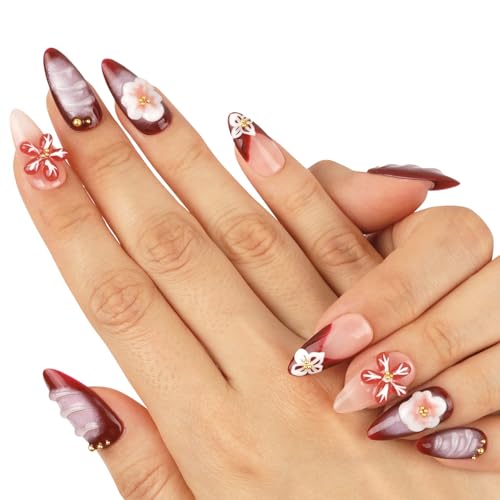 LydeLog Handmade Press On Nails, Medium Almond Hand-Painted False Nails with Jelly Glue, Salon Quality Nail Art Sets in Almond Nails 10 pcs (Blaze Blossom, M)